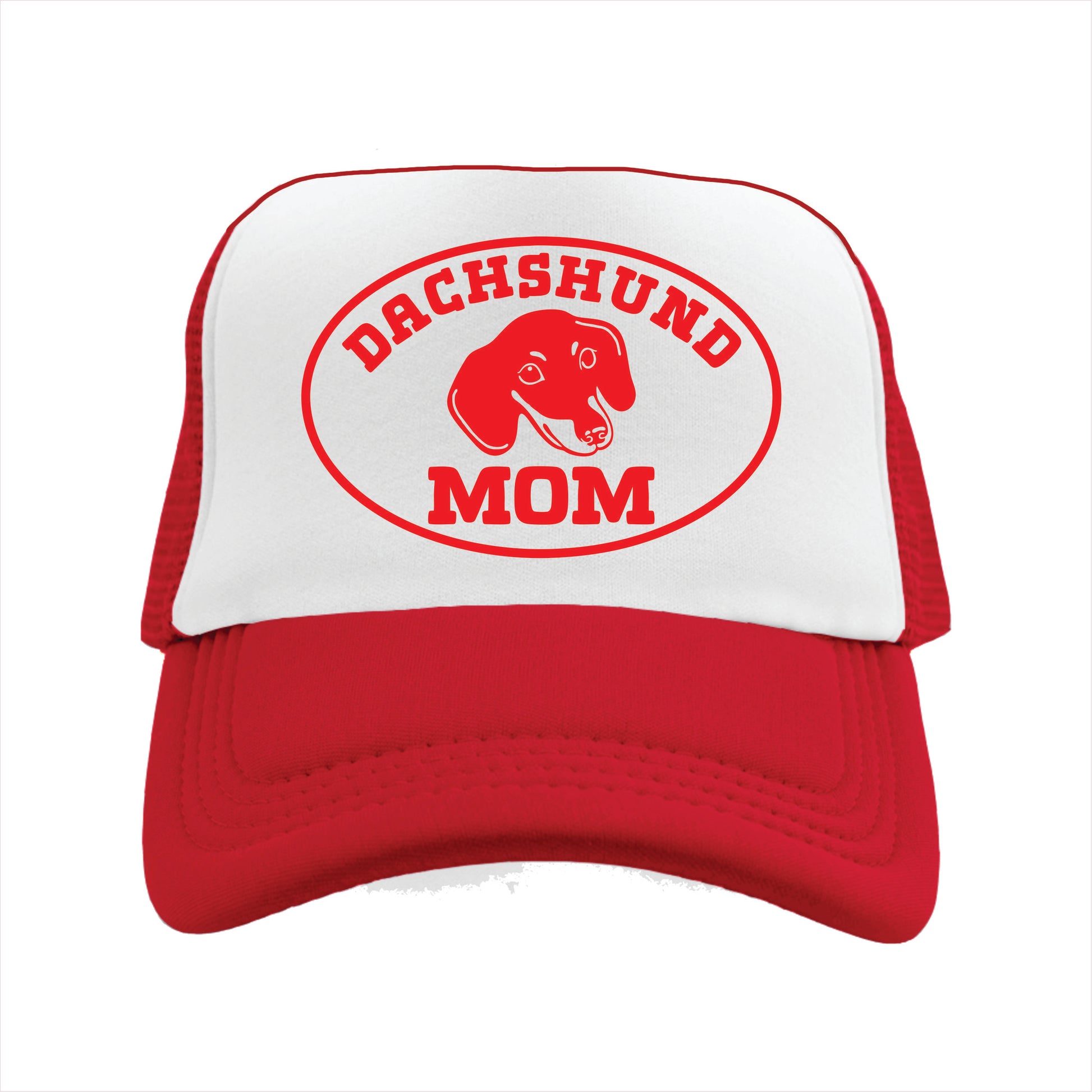Red and white trucker hat cap with 'DACHSHUND MOM' written on it and the silhouette of a dachshund in the center.