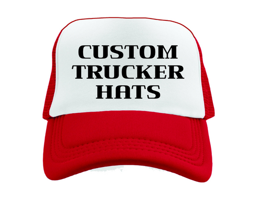 Red and white custom trucker hat with personalized text