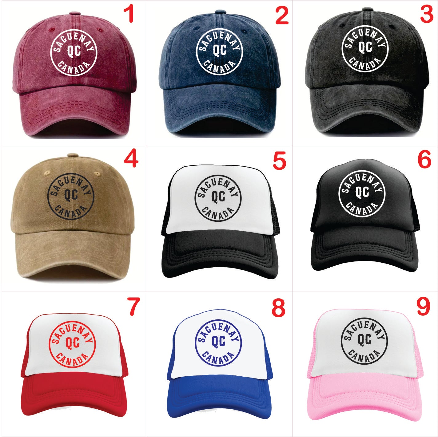 Nine different hats with 'Saguenay QC Canada' branding in various colors.