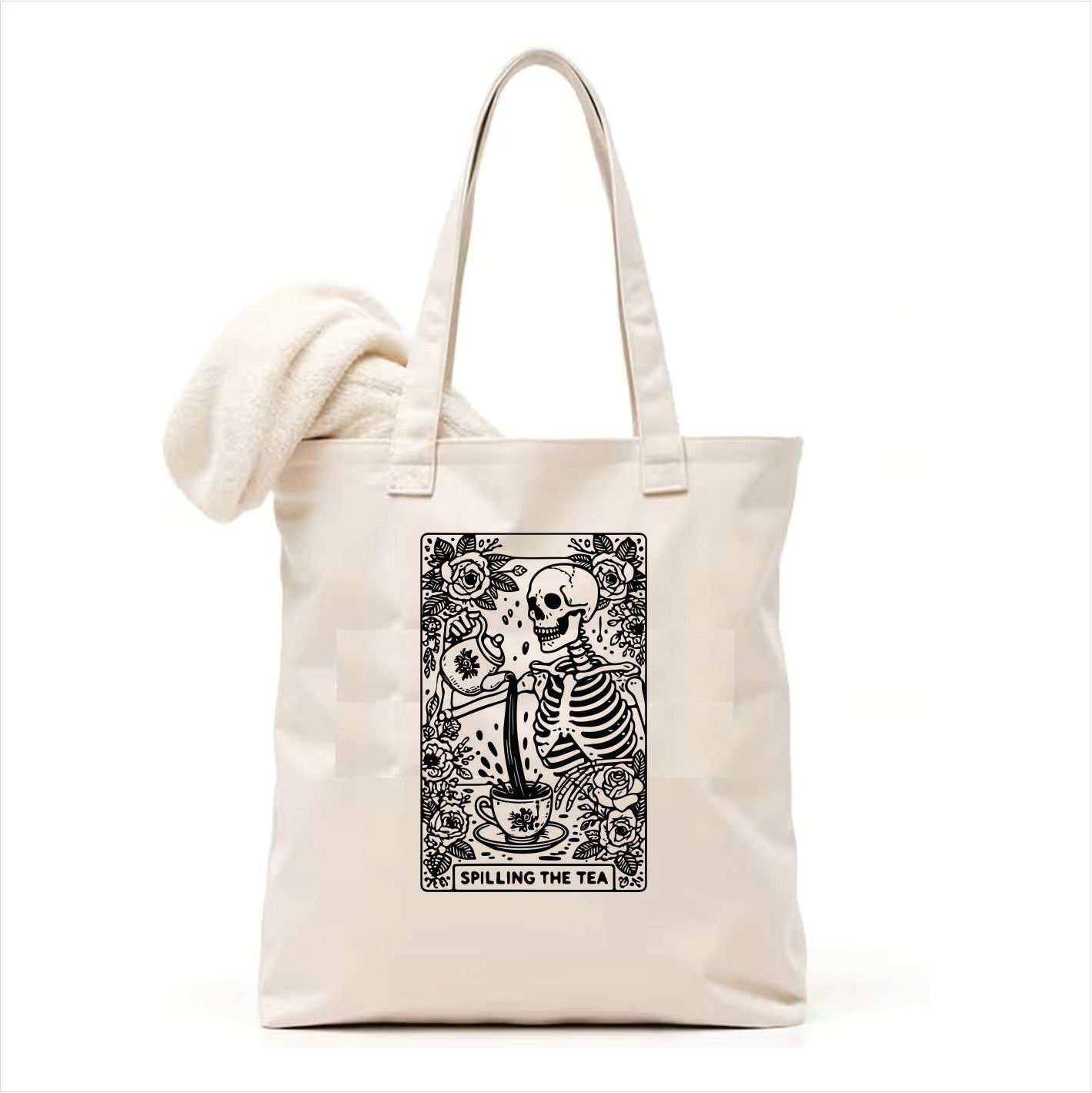 Spilling the tea skull tote bag 3