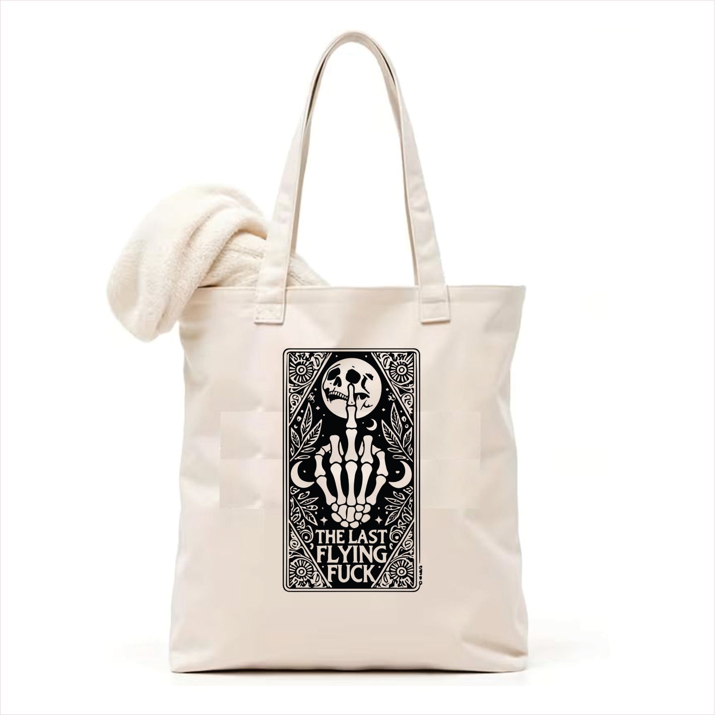 The last flying fuck skull tarot tote bag