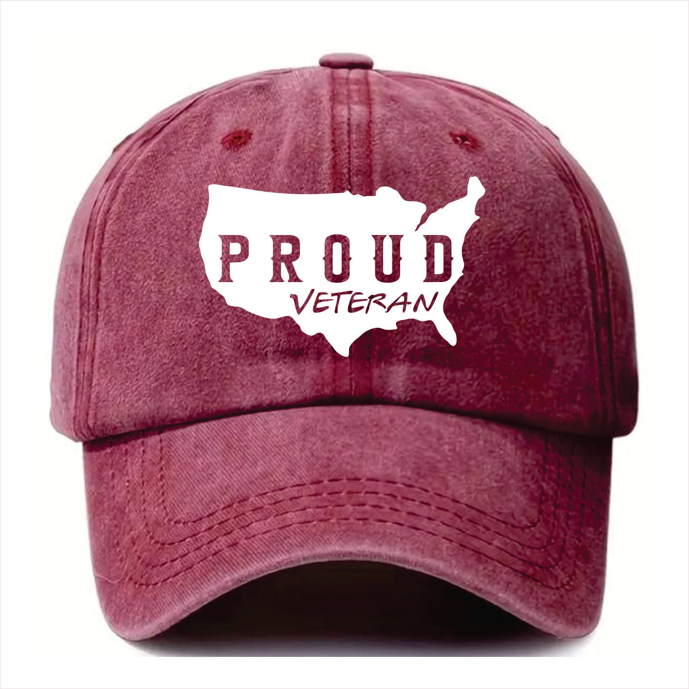 Burgundy cap with 'PROUD VETERAN' text and USA outline on a white background