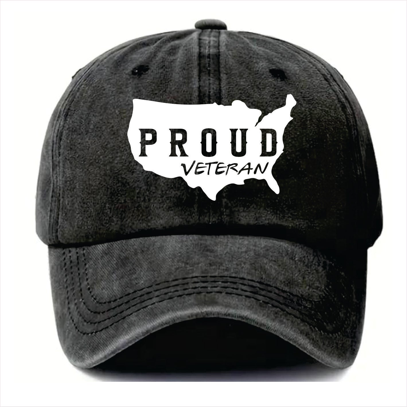 Black cap with 'PROUD VETERAN' text on a white background