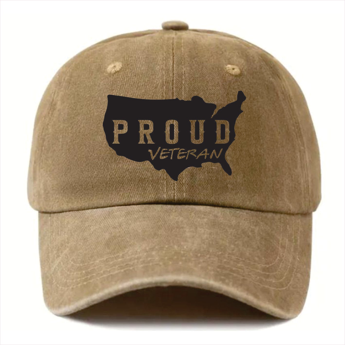Khaki cap with 'Proud Veteran' design on a white background