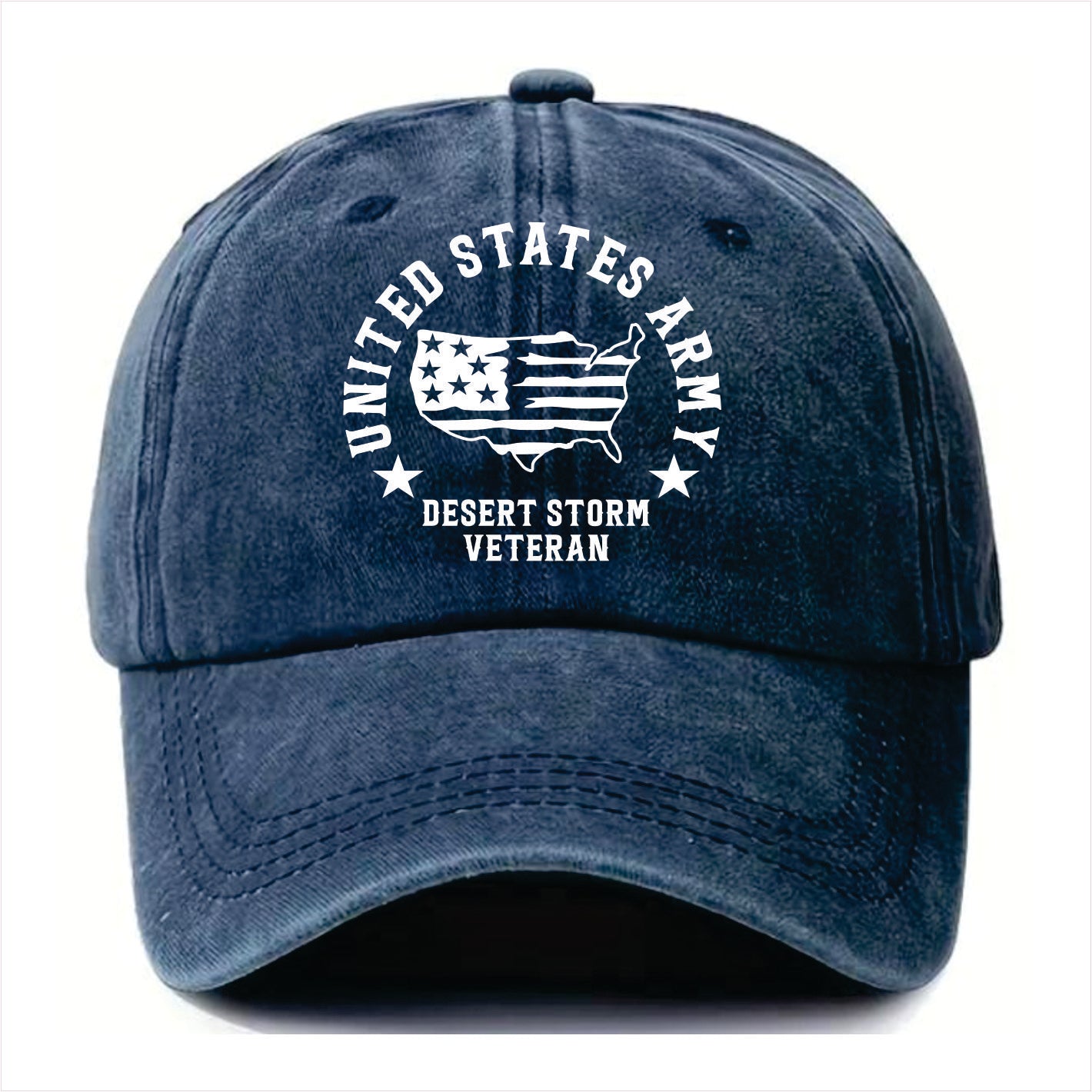 Blue cap with 'United States Army Desert Storm Veteran' text and logo on a white background