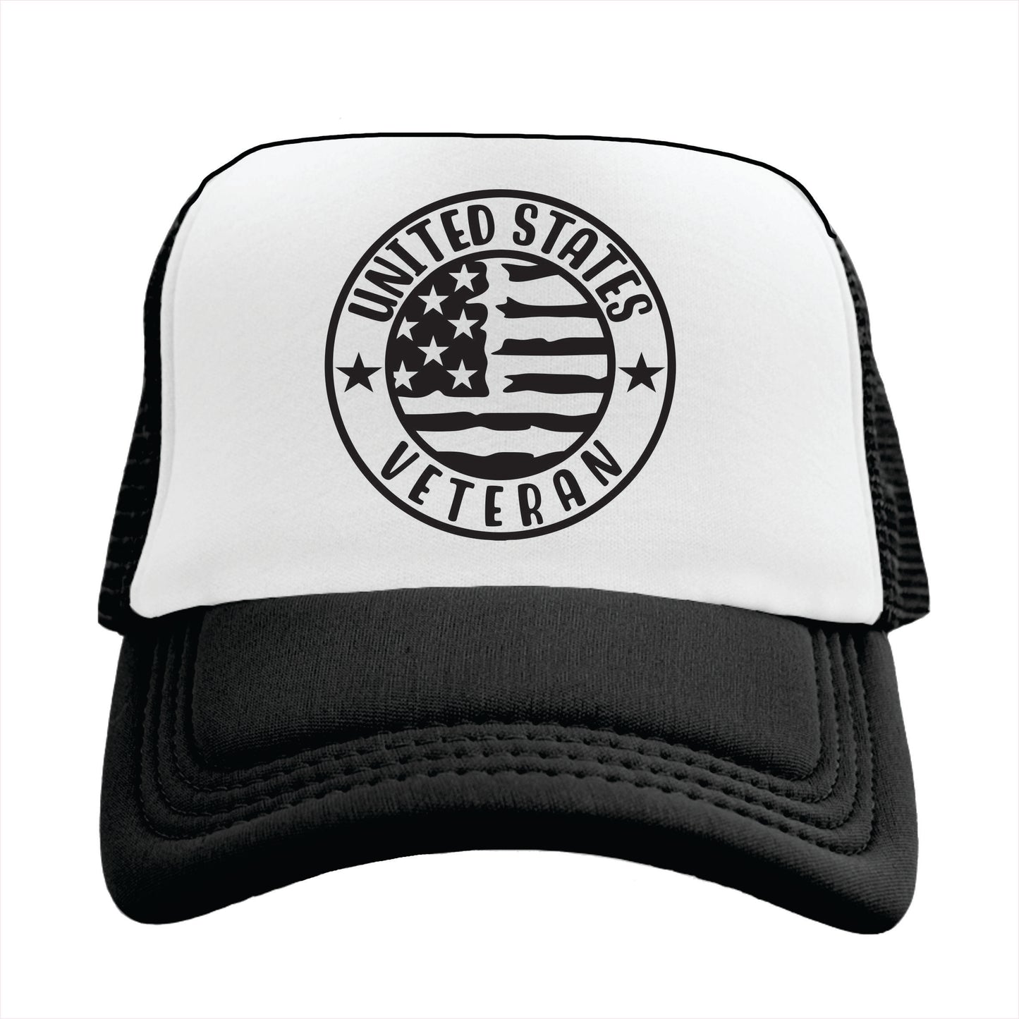 Black and white trucker hat cap with the text 'United States Veteran'.