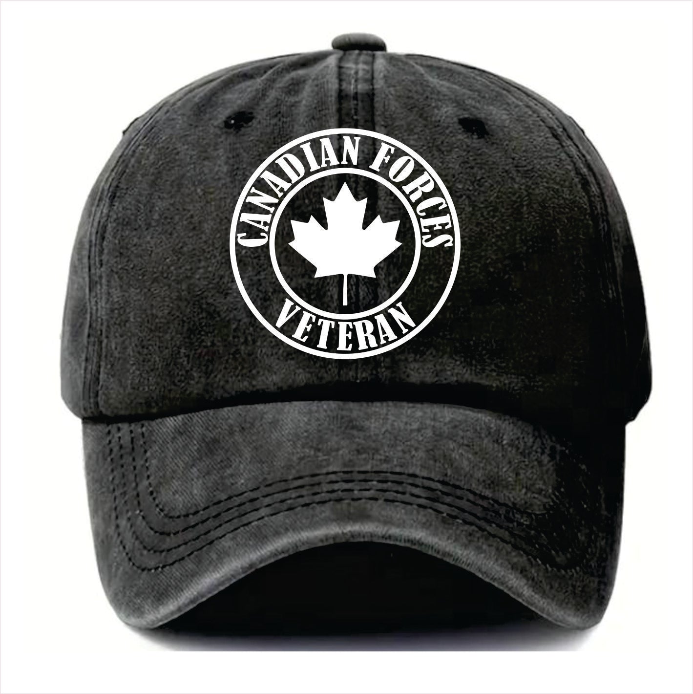 Black cap with 'Canadian Forces Veteran' and maple leaf design on a white background