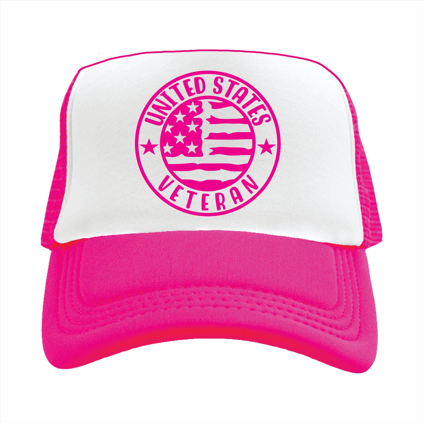 Pink and white trucker hat cap with the text 'United States Veteran'.