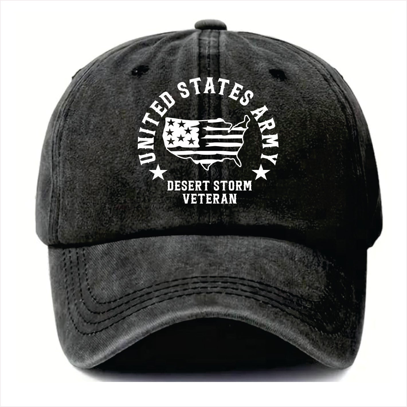 Black cap with 'United States Army Desert Storm Veteran' text and logo on a white background