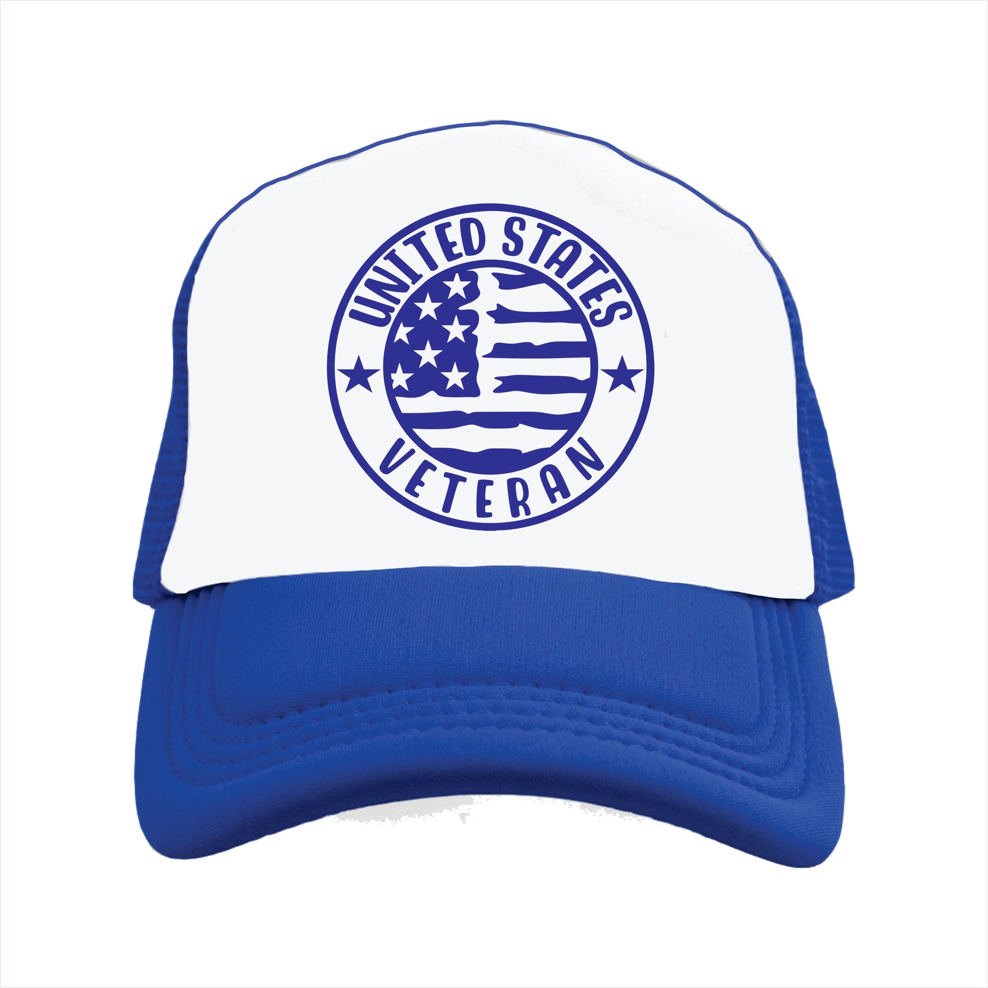 Blue and white trucker hat cap with the text 'United States Veteran'.