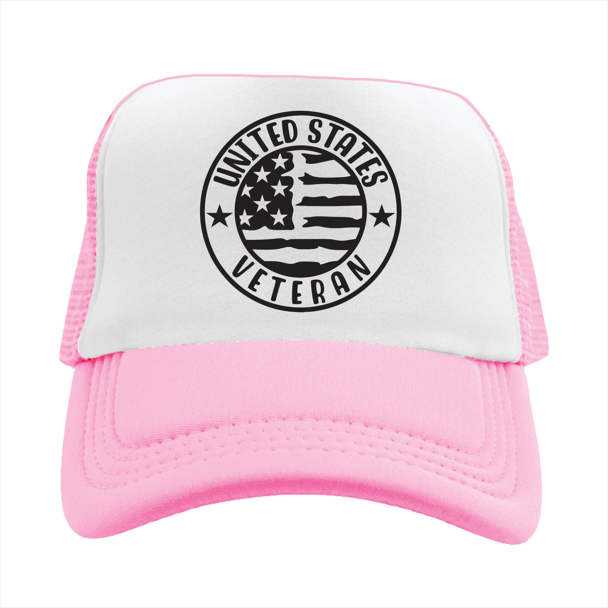 Light pink and white trucker hat cap with the text 'United States Veteran'.