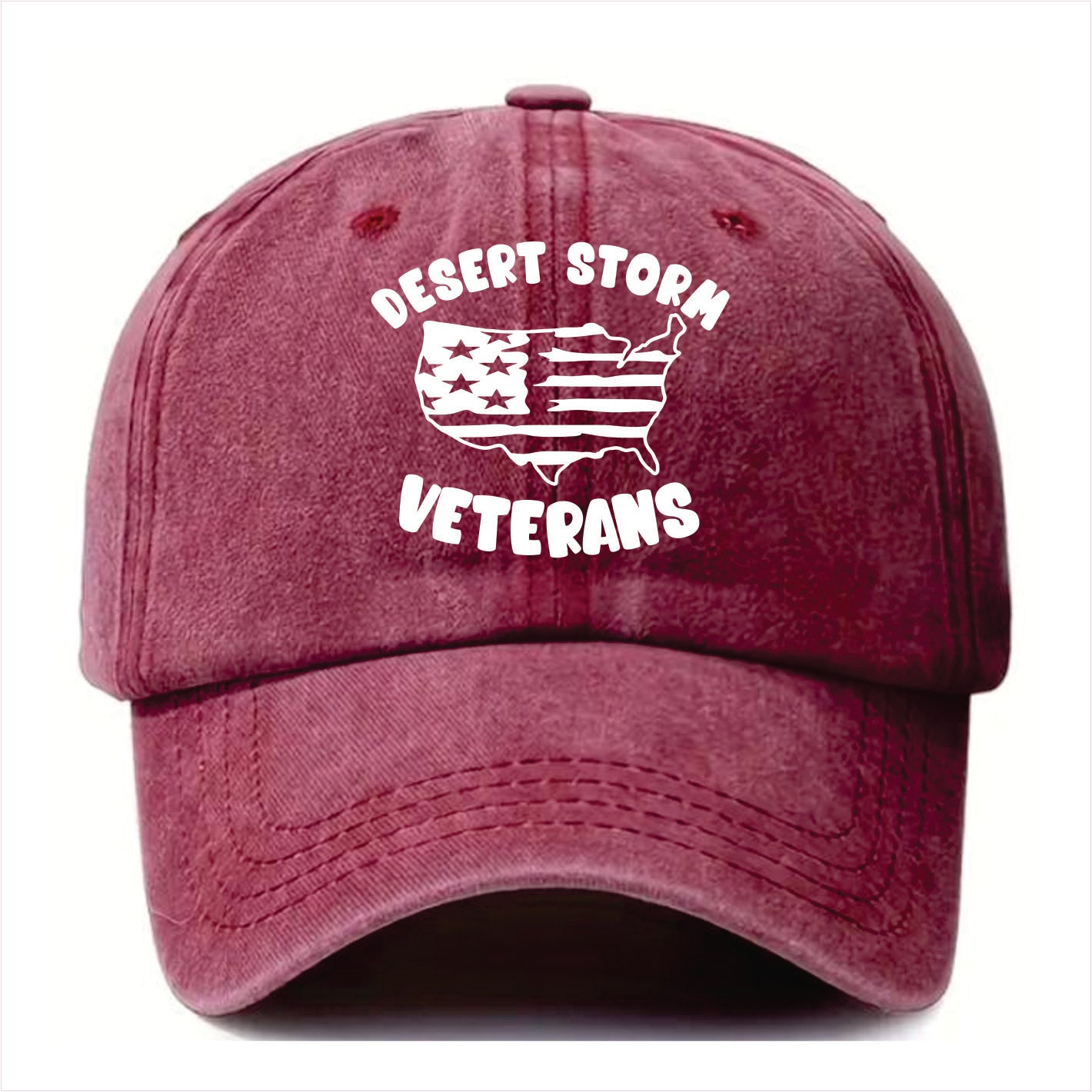 Burgundy cap with 'Desert Storm Veterans' text and American flag design on a white background
