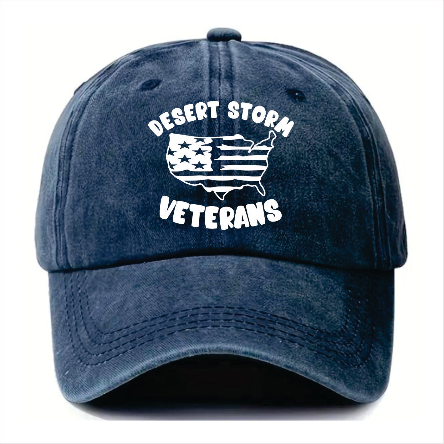 Blue cap with 'Desert Storm Veterans' text and American flag design on a white background