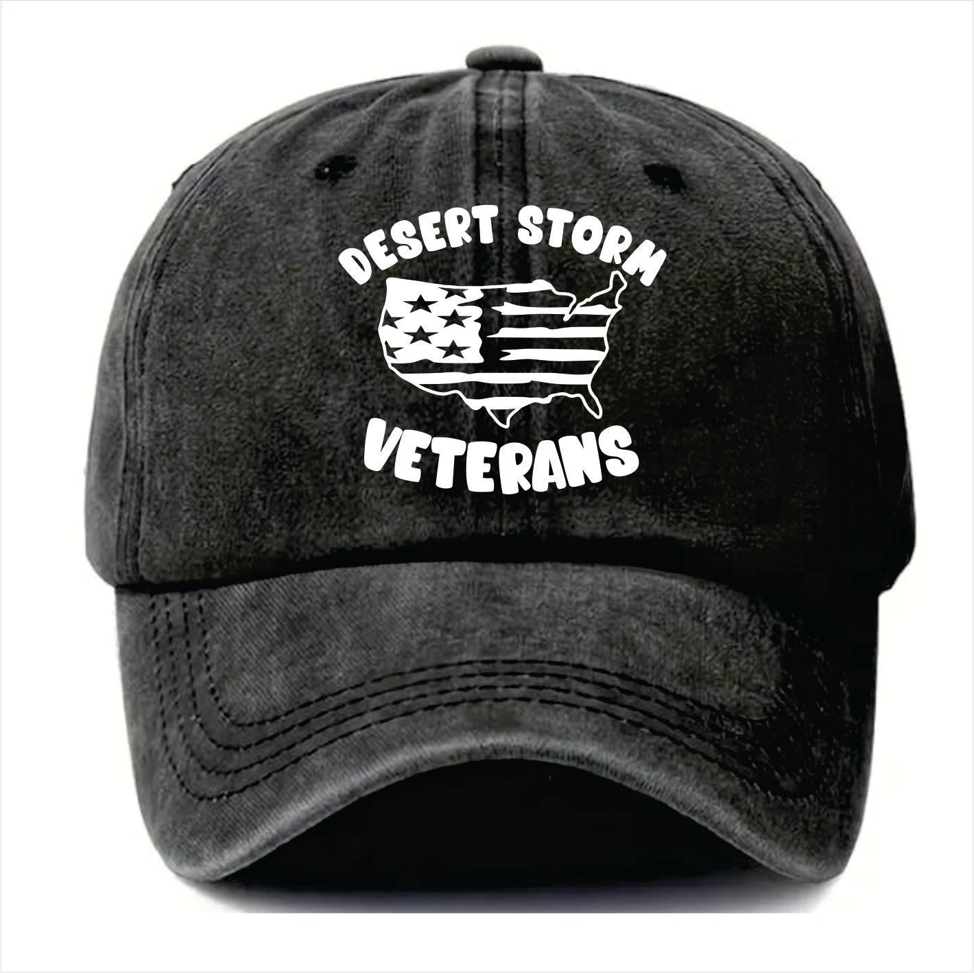 Black cap with 'Desert Storm Veterans' text and American flag design on a white background