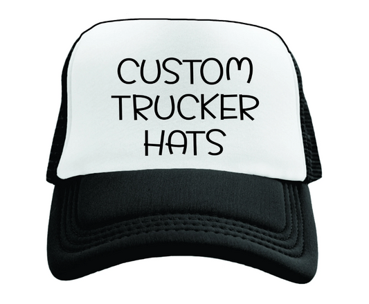 A black and white custom trucker hat with text on the front.