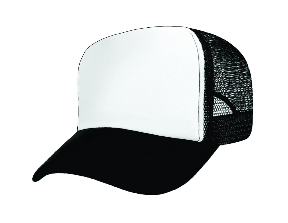 A black and white plain trucker hat with no customization