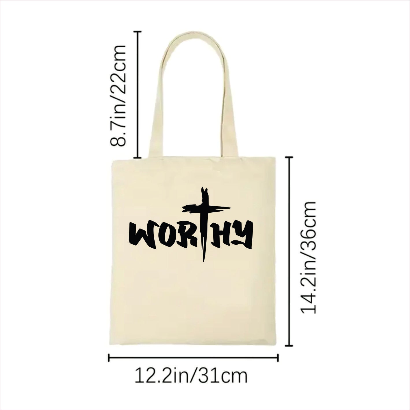 white tote bag with 'Worthy' text and measurements on a white background