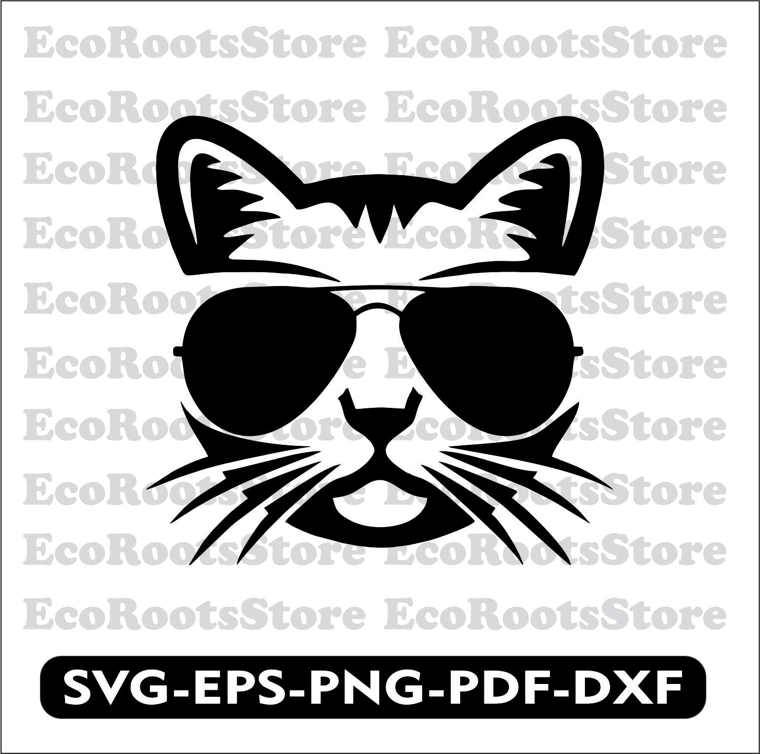 A digital illustration of a black cat wearing sunglasses and a hat, in various file formats like SVG, EPS, PNG, PDF, and DXF, suitable for cutting machines.