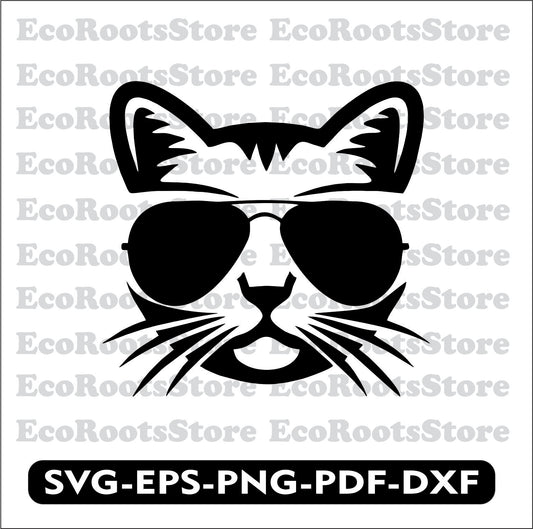 A digital illustration of a black cat wearing sunglasses and a hat, in various file formats like SVG, EPS, PNG, PDF, and DXF, suitable for cutting machines.