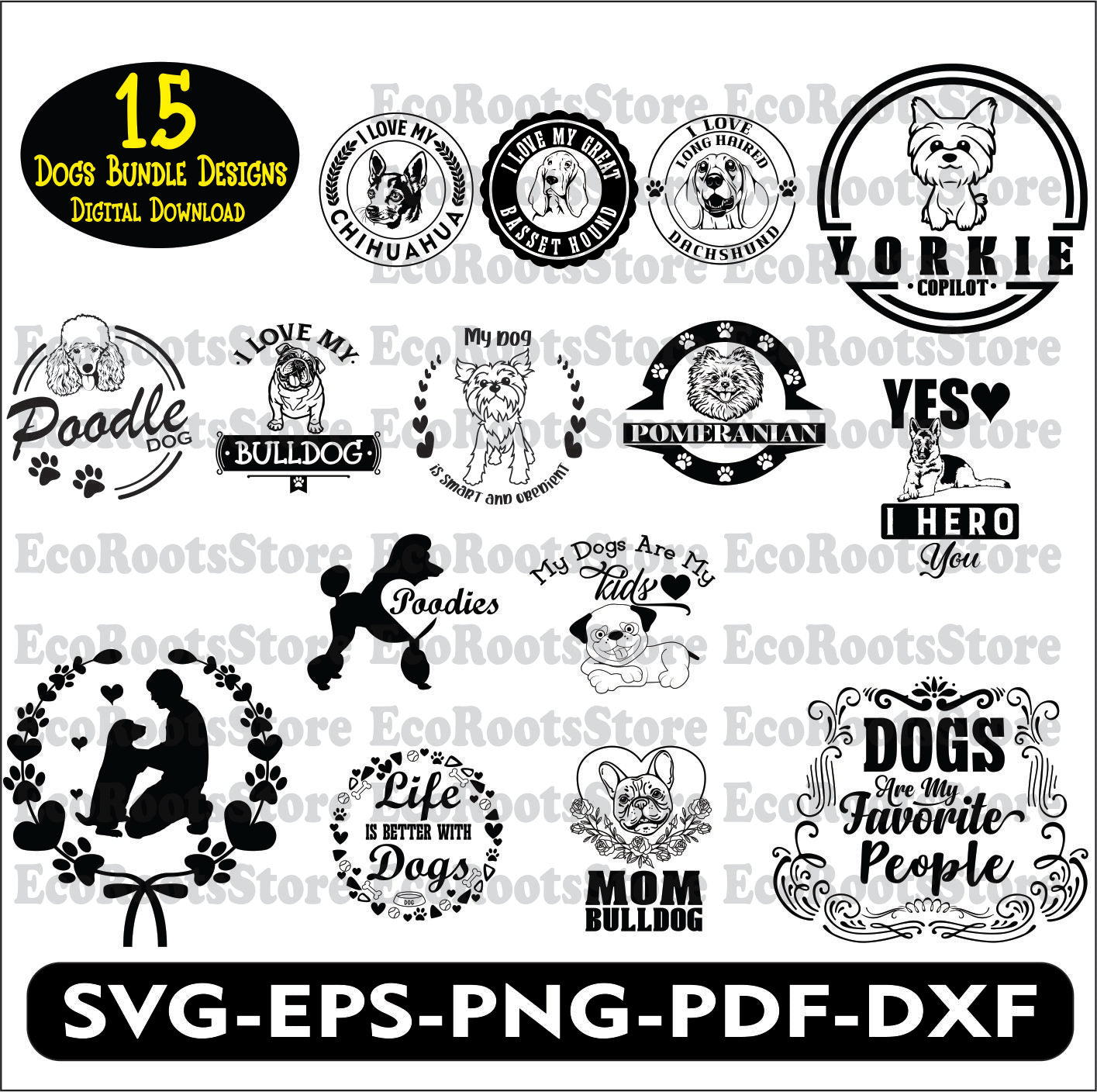 Dogs Bundle Pack featuring versatile SVG, EPS, PNG, PDF, and DXF cutting files. Perfect for customizing apparel, home decor, and gifts