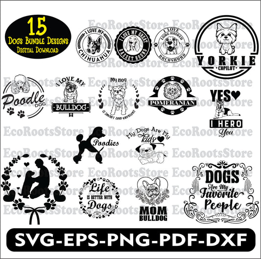 Dogs Bundle Pack featuring versatile SVG, EPS, PNG, PDF, and DXF cutting files. Perfect for customizing apparel, home decor, and gifts