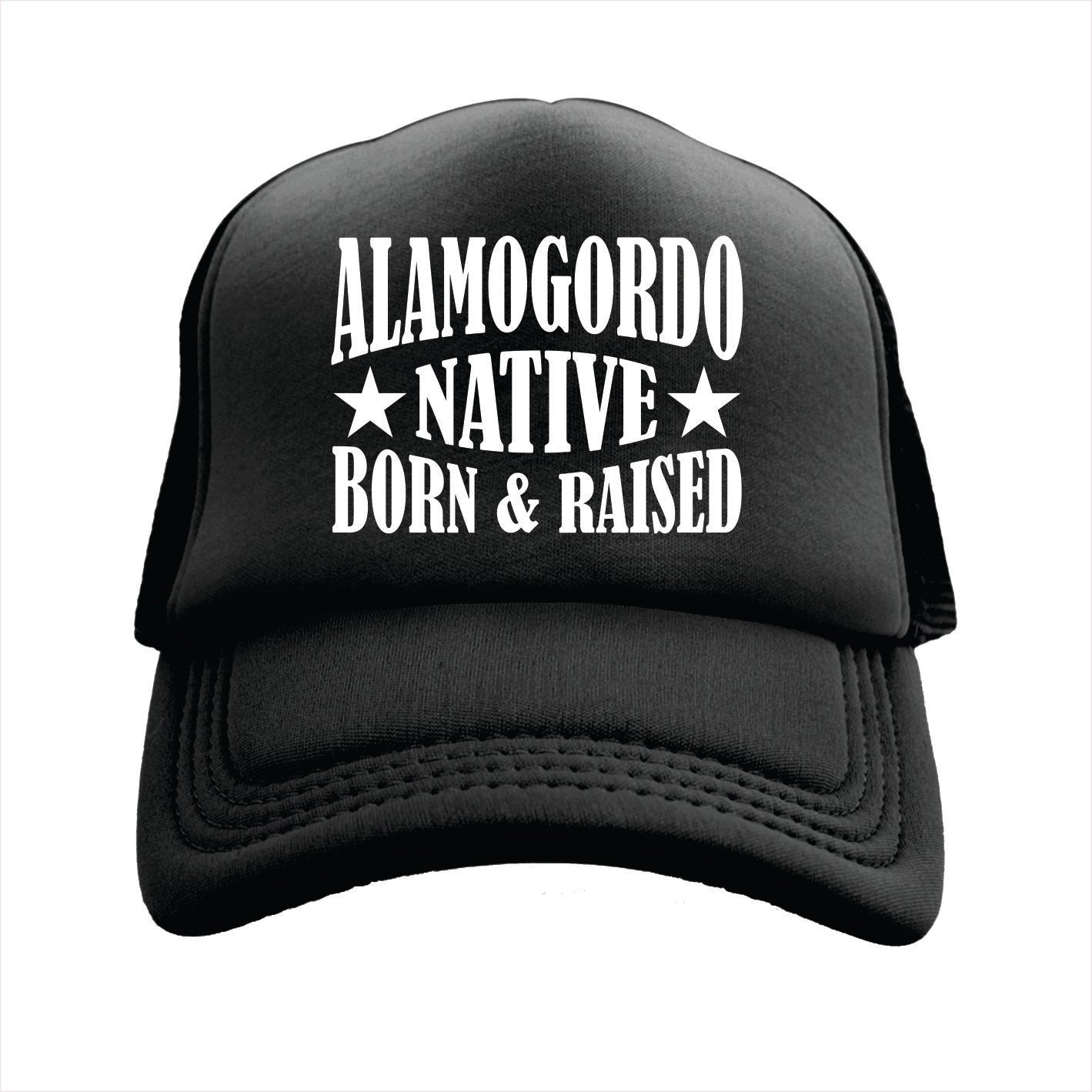 Black cap with 'Alamogordo Native Born & Raised' text on a white background
