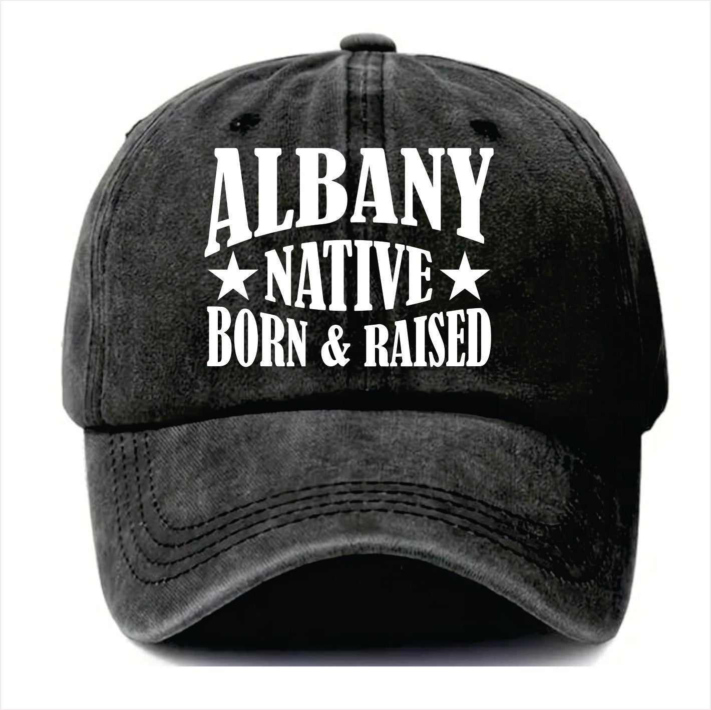 Black cap with 'Albany Native Born & Raised' text on a white background