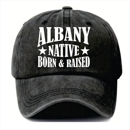 Black cap with 'Albany Native Born & Raised' text on a white background