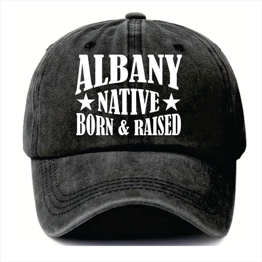 Black cap with 'Albany Native Born & Raised' text on a white background