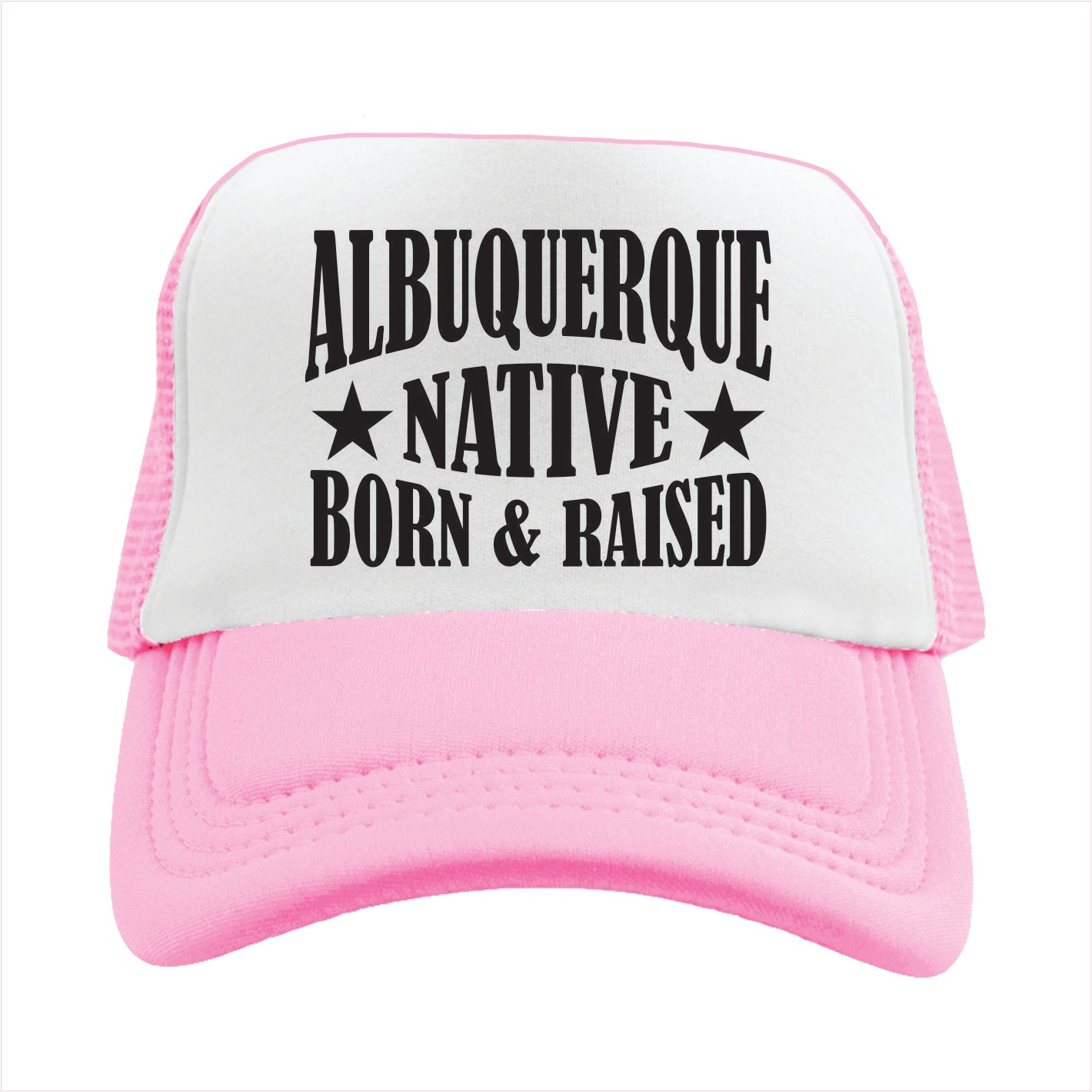 Pink and white cap with 'Albuquerque Native Born & Raised' text on a white background