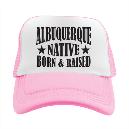 Pink and white cap with 'Albuquerque Native Born & Raised' text on a white background
