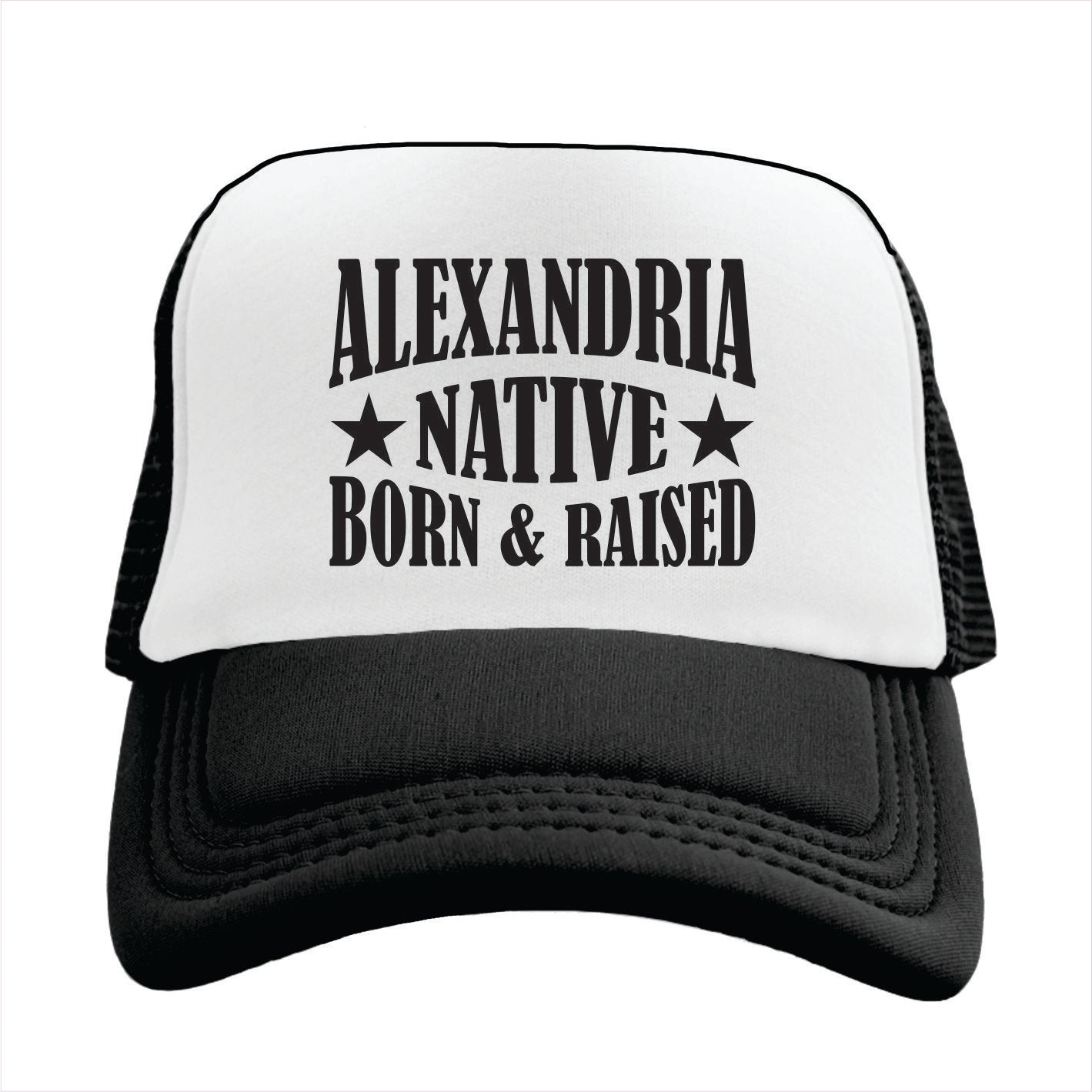 Black and white cap with 'Alexandria Native Born & Raised' text on a white background