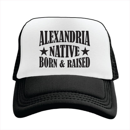 Black and white cap with 'Alexandria Native Born & Raised' text on a white background