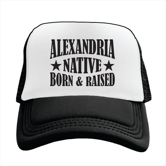 Black and white cap with 'Alexandria Native Born & Raised' text on a white background