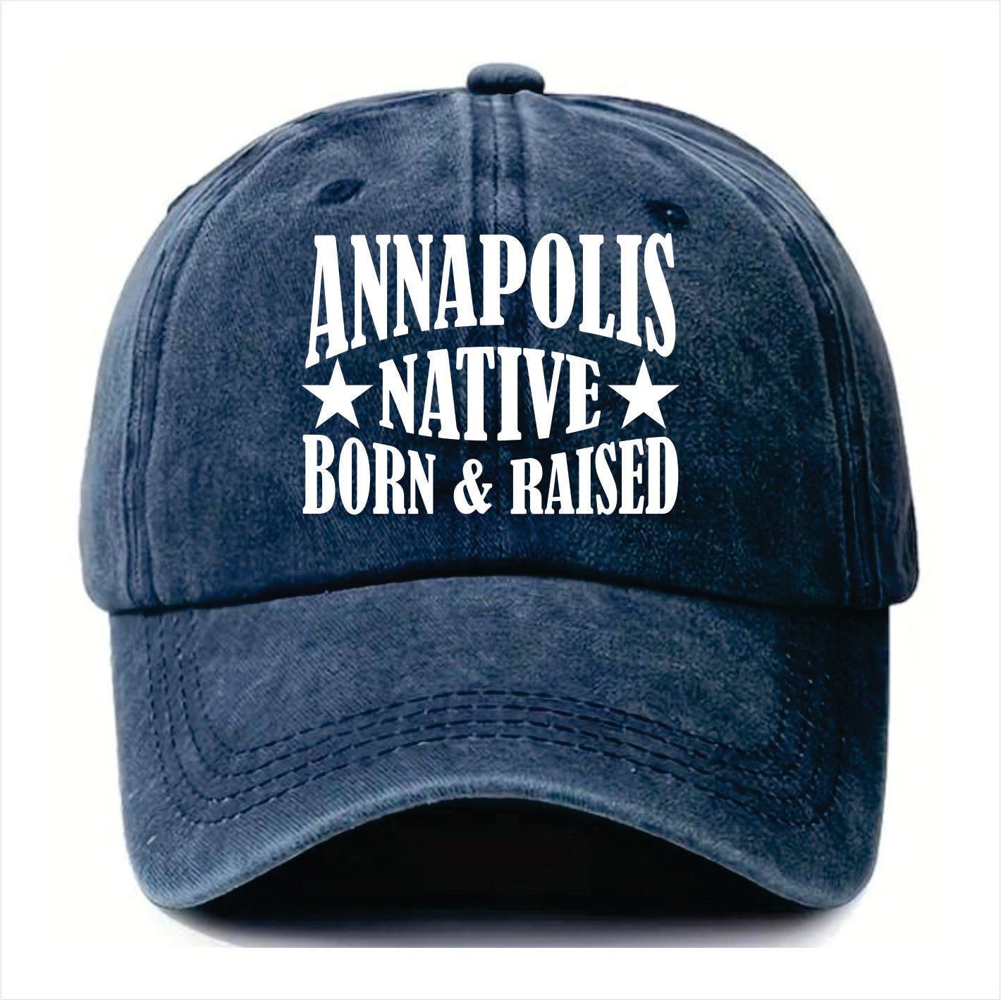 Blue cap with 'Annapolis Native Born & Raised' text on a white background
