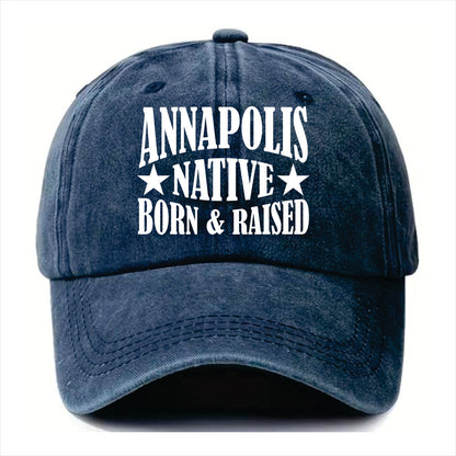 Blue cap with 'Annapolis Native Born & Raised' text on a white background