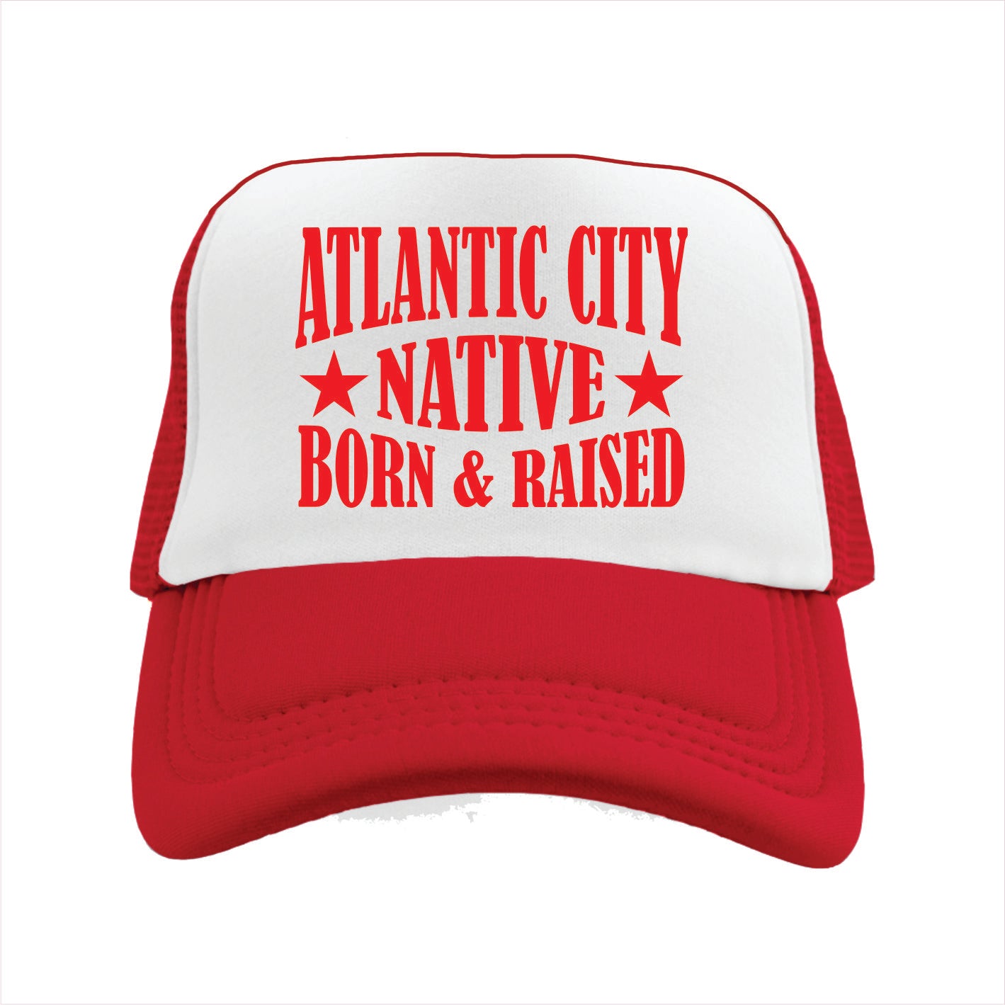 Red and white cap with 'Atlantic City Native Born & Raised' text on a white background