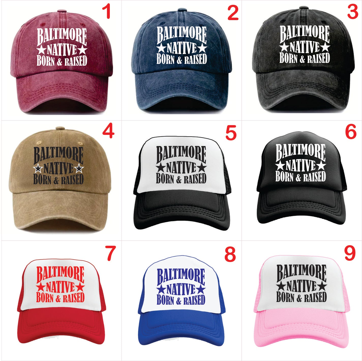 Nine baseball caps with 'Baltimore Native Born & Raised' text in various colors on a white background.