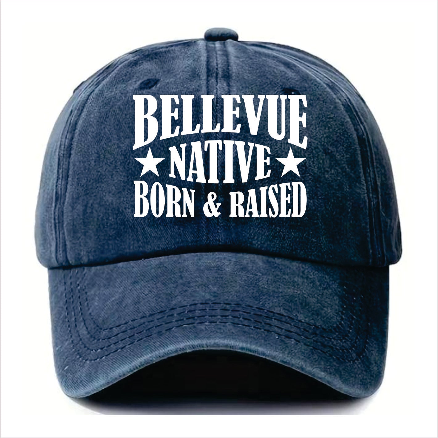 Blue cap with 'Bellevue Native Born & Raised' text on a white background