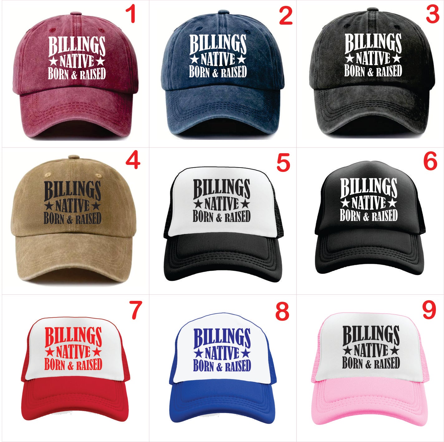 Nine caps with 'Billings Native Born & Raised' text in various colors and styles.