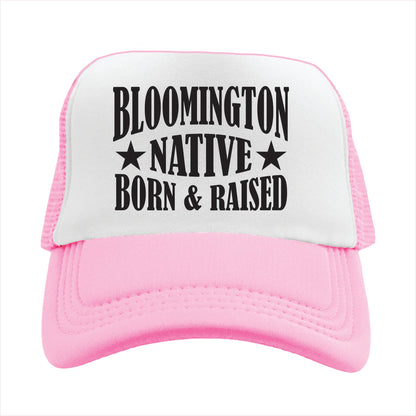 Pink and white cap with 'Bloomington Native Born & Raised' text on a white background