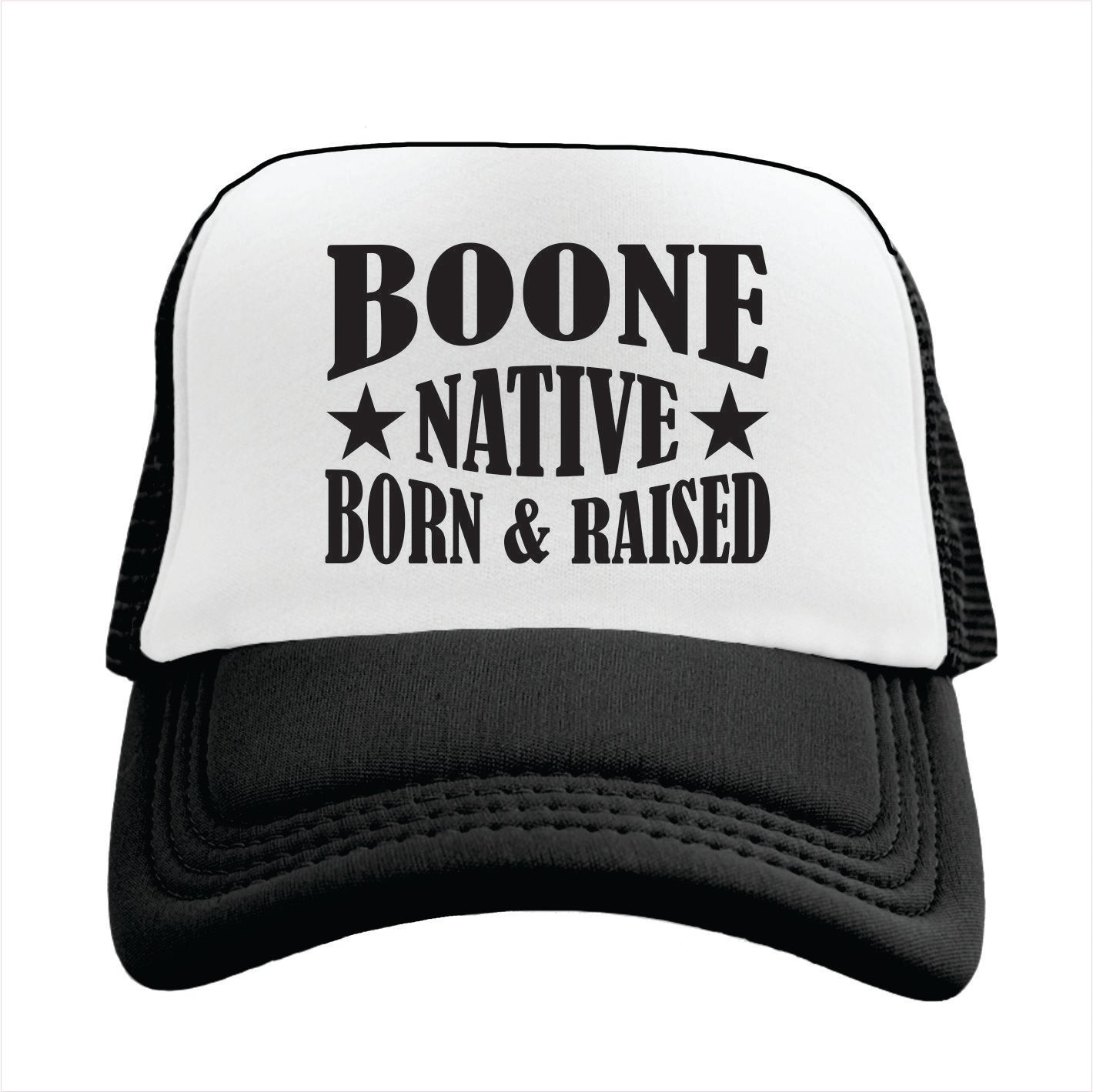 Black and white cap with 'Boone Native Born & Raised' text on a white background
