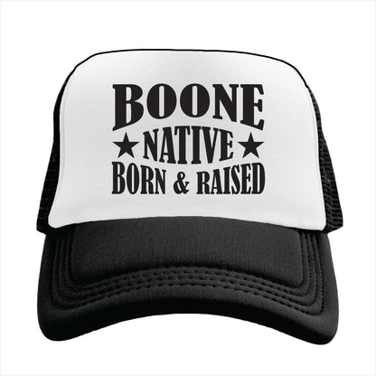 Black and white cap with 'Boone Native Born & Raised' text on a white background