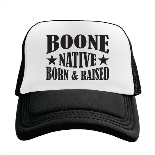 Black and white cap with 'Boone Native Born & Raised' text on a white background