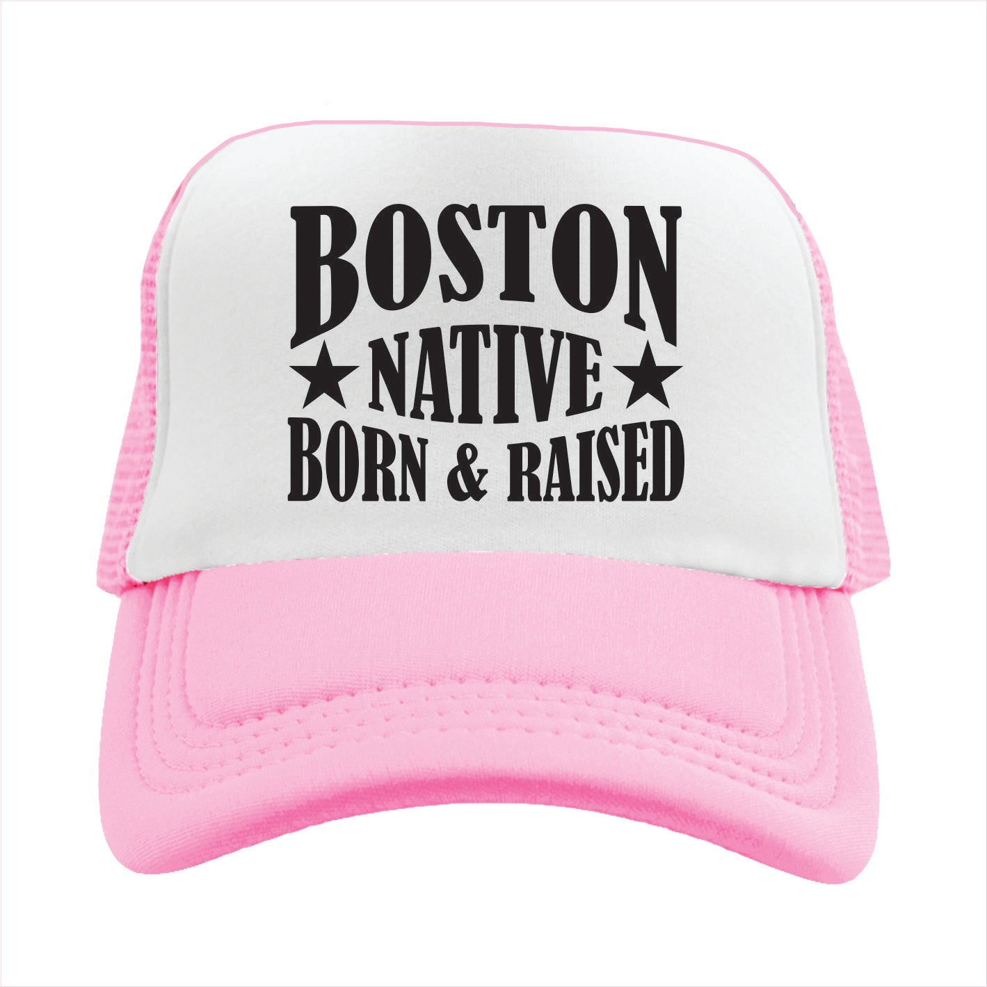 Pink and white cap with 'Boston Native Born & Raised' text on a white background