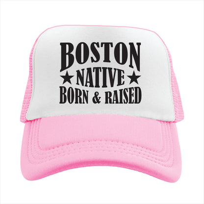 Pink and white cap with 'Boston Native Born & Raised' text on a white background
