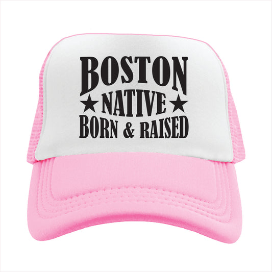 Pink and white cap with 'Boston Native Born & Raised' text on a white background