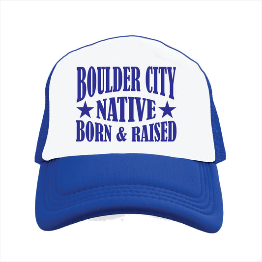 Blue and white cap with 'Boulder City Native Born & Raised' text on a white background