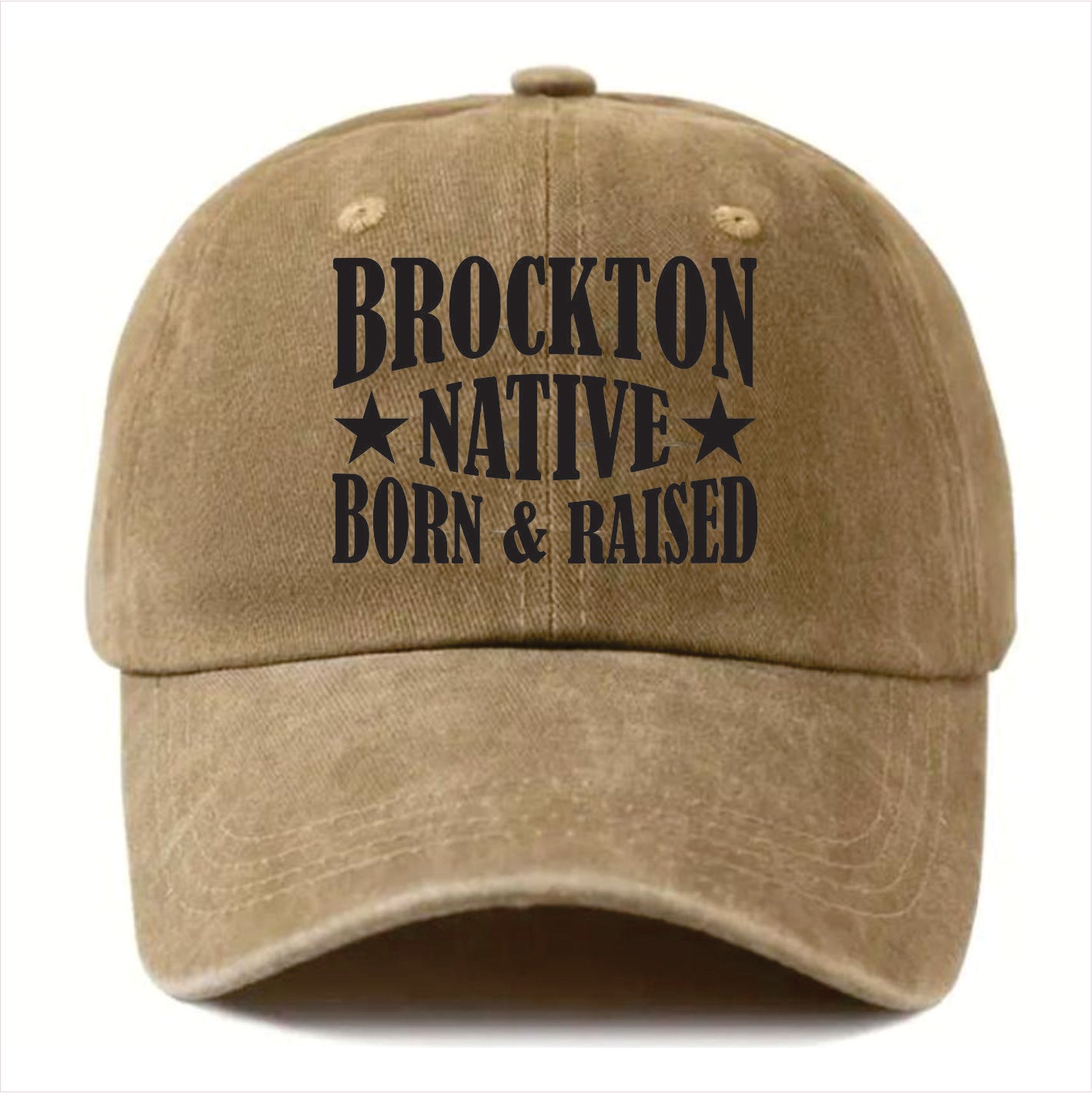 Khaki cap with 'Brockton Native Born & Raised' text on a white background