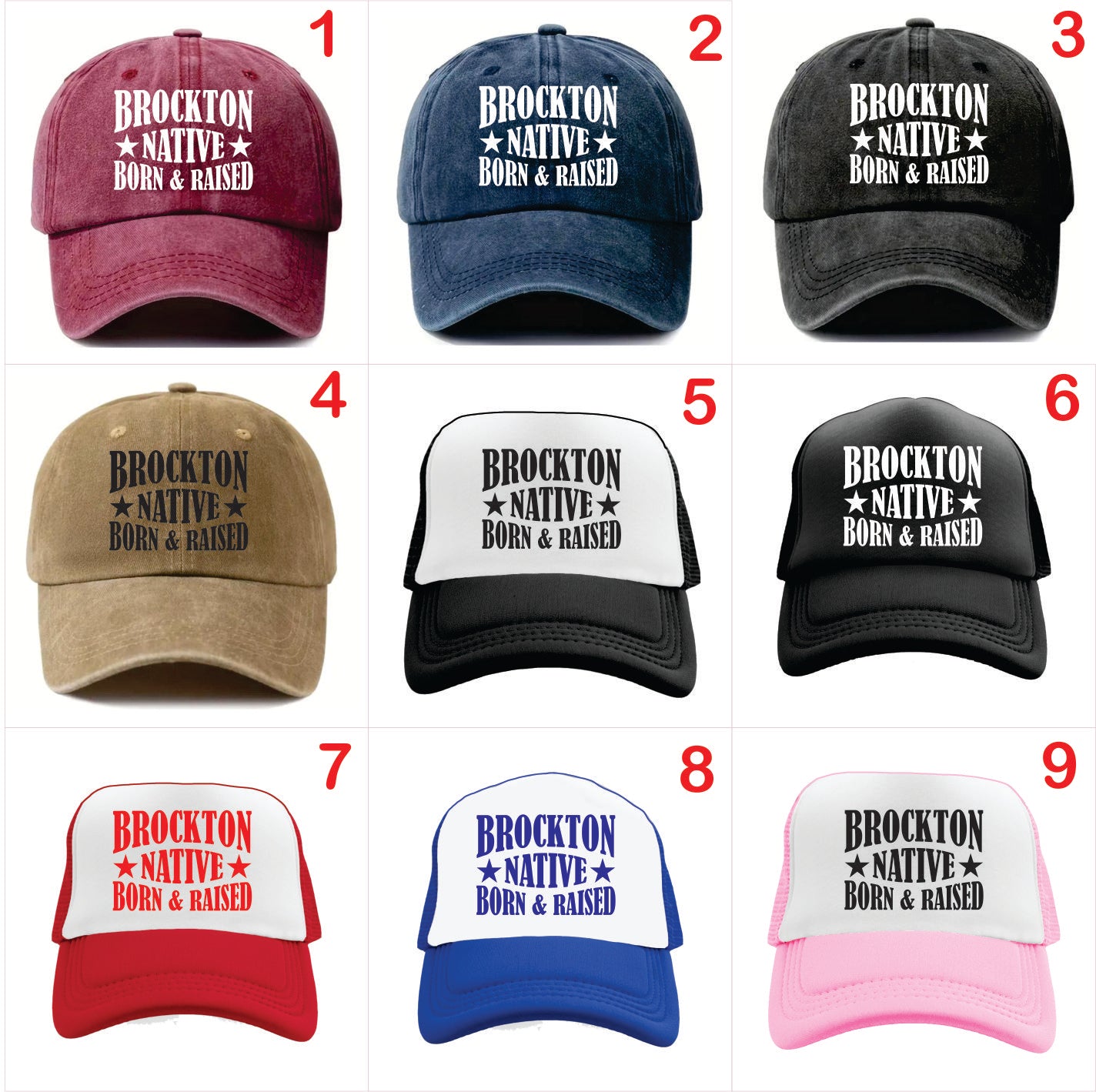 Nine baseball caps with 'Brockton Native Born & Raised' text in various colors on a white background.